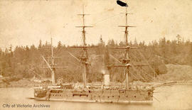 HMS Triumph in Esquimalt Harbour.  She was stationed in Victoria 1879-1882 and 1885-1888