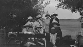 On bench: Hilda [Laughton], Phyllis Rochfort, Mrs. Briggs. Standing L-R: Alice Nash, Francis [?], Betty Gray, Ruth and Anna McBride