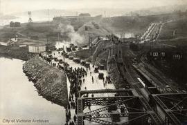 Traffic lined up on opening day of the Johnson Street Bridge