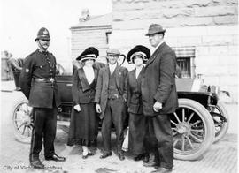 Group with policeman on Wharf Street and Humboldt Street