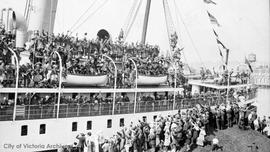 Canadian Pacific Railway (CPR) ship "Princess Sophia" leaving Victoria with troops