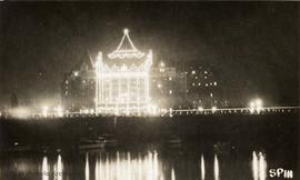 The Empress Hotel from the inner harbour lit up at night