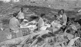 Myself [Mary Rattenbury], Michael [?], Gwen Forbes, Arthur [Beasely], and Fifi Lexton on Comet Island