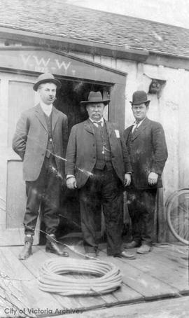 Victoria Water Works, N.E. corner of Pandora Avenue at Chambers Street.  L to R: L. MacDonald, Thomas Preece and Ernie MacDonald