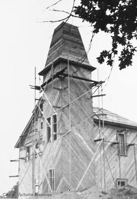 Fernwood Fire Hall (No.6) under construction at the junction of Cedar Hill Road, Fernwood Road and Hillside Avenue