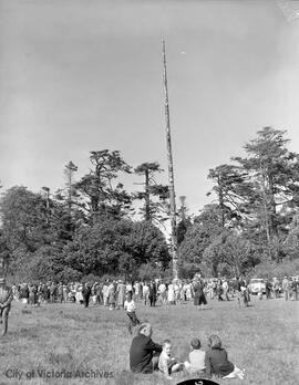 Ceremony raising the world's tallest totem in Beacon Hill Park