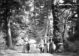 Mabel Meed (far left) possibly son Eric in baby carriage with friends, Lovers Lane in Beacon Hill Park