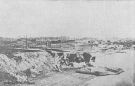 First Nations dwellings and canoes on the Songhees Reserve as they appeared in 1866