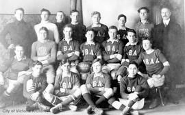 James Bay Athletic Association (J.B.A.A.) rugby team L to R (top) Kennedy, Thomson, Newmarsh, Newcombe, J. Sweeney, Rason, F. Sweeney, O'Sullivan. (Middle) Grimason, Scott, Kennedy, Jeffs, Brown, Carss (front) Meredith, B. Johnson, L. Sweeney