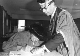 U Vic ceremonies conferring honorary degrees on W.A.C. Bennett and George R. Pearkes