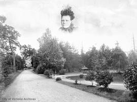 Face of an unidentified woman superimposed over Beacon Hill Park scene