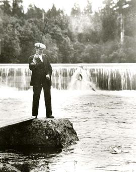 Harold Fleming fishing at Papermill Dam, Alberni, BC