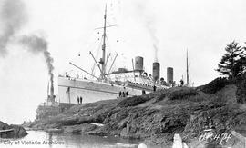 Canadian Pacific Railway (CPR) ship, "Empress of Canada" on rocks at Albert Head