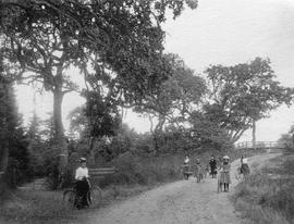 Clara Elworthy with children on a country road