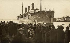 Canadian Pacific Railway (CPR) ship "Empress of Asia" arriving at the CPR docks