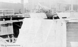 Johnson Street Bridge under construction, reinforced concrete retaining wall, east approach